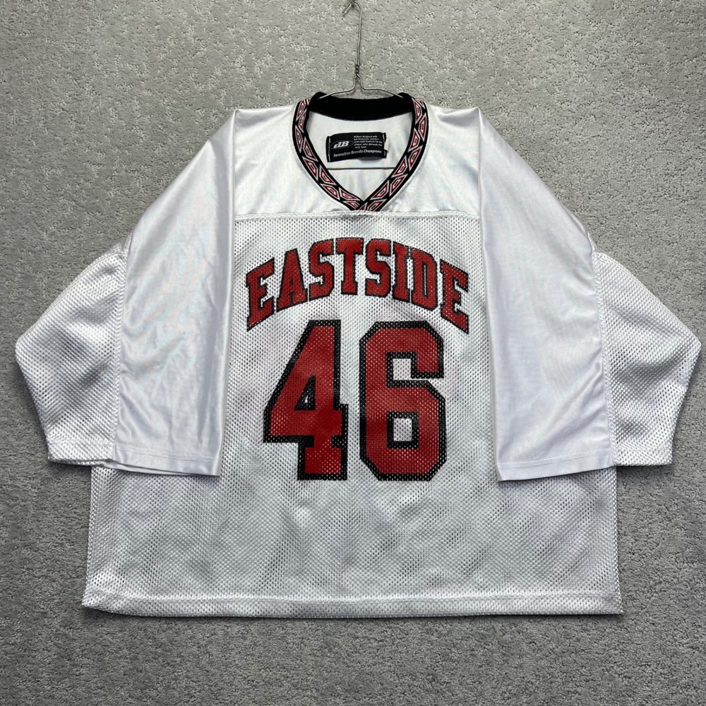 VINTAGE deBeer Eastside Jersey Mens XL White Red Mesh Boxy Cropped V Neck